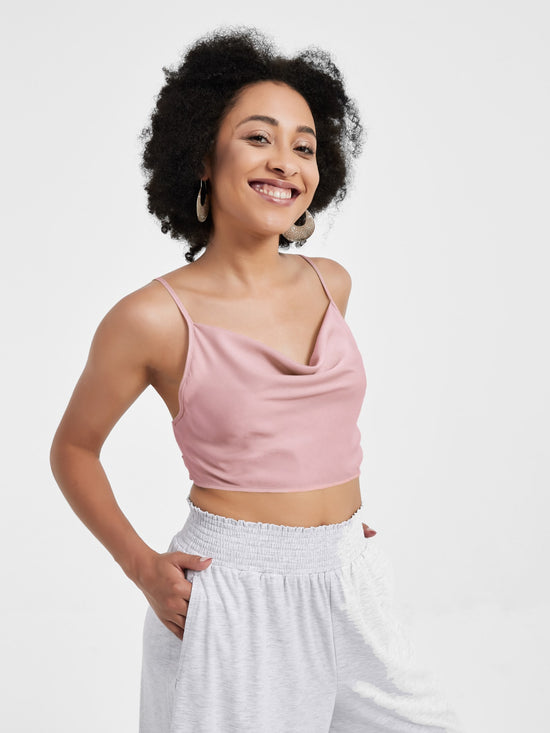 EDEN Crop Top Satin Cowl Neck Crop Top, Bow Tie Back SUPESU